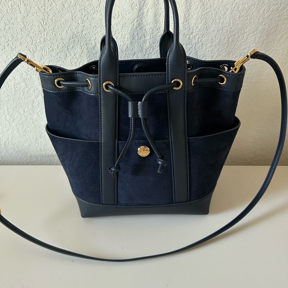 Veronica Beard Navy Blue Shoulder Bag with Gold Accents